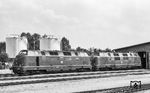 Im Frühsommer 1981 fehlten der DSB durch die nicht rechtzeitige Lieferung der neuen ME-Dieselloks mit Drehstrom-Leistungsübertragung etliche Dieselloks. In der öffentlichen Darstellung waren dafür die Lieferfirmen Henschel und BBC verantwortlich. So mietete die DSB mehrere Loks der Baureihe 220 auf Kosten der Herstellerfirmen an. In Padborg warten die Lübecker 220 022 und 220 039 auf ihren nächsten Einsatz. Die DSB setzte damals die 220 grundsätzlich in Doppeltraktion ein, auch vor leichten Personenzügen, bei denen eine solche Bespannung nicht notwendig war. Wahrscheinlich traute man den alten Maschinen nicht mehr so ganz. (07.1981) <i>Foto: Thorsten Eichhorn</i>