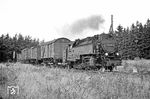 99 7237 mit ihrem Rollwagen-Güterzug nach Eisfeld nahe des ehemaligen Haltepunkts Rother Haag (bis 1922) bei Brattendorf. (04.08.1971) <i>Foto: Wolfgang Bügel</i>