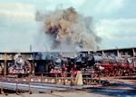 Vor dem Schuppen des Bw Rheine sonnen sich 012 066, 012 055, 050 919 und 012 080. Aus der Luft betrachtet zogen sich die Rheiner Bahnanlagen sehr lang hin: Der in Nord- Südrichtung gelegene Rangierbahnhof mit Einfahr-, Rangier- und Ausfahrgruppe, eingerahmt von den beiden Bw-Bereichen Pbf und Rbf, umfasste eine Gesamtlänge von fast 4 km. Mittlerweile sind alle Anlagen verfallen, das Gelände des Rangierbahnhofes ist eine einzige sich mittlerweile natürlich begrünende Schotter- und Sandfläche, alle Anlagen des Bw Rheine wurden bis auf die Gebäude abgebaut, die immer weiter verfallen. Stadt und DB haben zu keiner Zeit Maßnahmen zur Erhaltung der Anlagen in Betracht gezogen, im wahrsten Sinne des Wortes sollte Gras über das letzte große Dampf-Bw wachsen. Heute ist das Betreten des Geländes wegen freiliegender Kanalschächte und unabgesperrter Wasserbunker und Arbeitsgruben, den einsturzgefährdeten Gebäuden und deren Anbauten lebensgefährlich. Ende 2020 wurden die letzten Relikte wie der Ringlokschuppen und weitere Gebäude abgerissen. (22.09.1974) <i>Foto: Dieter Kempf</i>