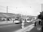 Begegnung zweier Straßenbahnzüge auf der Linie 2 an der Friedensbrücke. (10.1961) <i>Foto: Reinhard Todt</i>