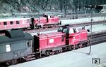 Alle 15 Lokomotiven der Baureihe V 65 wurden ab 1956 im Raum Marburg (Lahn) vor leichten Reisezügen eingesetzt, bis sie dort von der leistungsfähigeren V 100 abgelöst wurden. So war es nicht ungewöhnlich, im Bahnhof Marburg (Lahn) V 65 008 vor einem Nahverkehrszug anzutreffen. Im Hintergrund rangiert V 60 422 einen roten Ci-33, der einst für die Höllentalbahn gebaut worden war. (08.12.1960) <i>Foto: Rolf Hahmann</i>