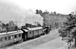 Die Bahnstrecke Wolmirstedt–Colbitz war eine Nebenbahn in Sachsen-Anhalt, die ursprünglich als Kleinbahn von der Kleinbahn-AG Wolmirstedt–Colbitz erbaut und betrieben wurde. Sie zweigte in Wolmirstedt von der Bahnstrecke Magdeburg–Wittenberge ab und führte nach Colbitz im Süden der Colbitz-Letzlinger Heide. Der Personenverkehr wurde am 31. Januar 1961, der Gesamtverkehr am 31. Dezember 1965 eingestellt, anschließend die Gleise abgebaut. Mit einem Personenzug nach Colbitz dampft 89 6136 bei Farsleben vorbei. Hinter der Lok läuft ein absolut seltener BPostitr Pr00 (entweder 99 973 oder 99 983). (07.1956) <i>Foto: Jürgen Hagemann</i>