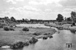 Eine 50er fährt mit einem Güterzug über die Flutbrücke bei Biederitz. Die 500 m lange Brücke überbrückt den Elbe-Umflutkanal und die Ehle zwischen Magdeburg-Herrenkrug und Biederitz. Sie entstand im Jahr 1846 während des Baus der Bahnstrecke Berlin–Magdeburg und ist eine der weltweit ältesten erhaltenen Blechträgerbrücken. Der Unterbau aus Pfeilern und Widerlagern ist weitgehend original. (07.1956) <i>Foto: Jürgen Hagemann</i>