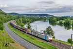 Railpool 186 447 mit einem DGS bei Gambach am Main. Der Zug rollte seit Treuchtlingen als rollender Bremsklotz vor dem Dampfzug mit 01 1104 her. (11.06.2026) <i>Foto: Joachim Schmidt</i>
