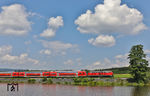 Neben Karpfen, Zander, Schleie und Hecht findet man am renaturierten Rechenweiher bei Escheldorf weiterhin die alte Bundesbahn. Hier in Form der 48 Jahre alten 218 433, die den RE 4865 nach Hof am Haken hat. (22.06.2026) <i>Foto: Joachim Bügel</i>