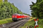 218 421 passiert mit RE 4860 nach Hof die Anrufschranke Scharlohe bei Wiesau (Oberpf). (22.06.2026) <i>Foto: Joachim Bügel</i>