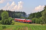 218 423 legt sich mit RE 4867 nach München bei Oberteich in die Kurve. (22.06.2026) <i>Foto: Joachim Bügel</i>