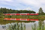 218 421 versuchte an diesem Morgen ein lautstarkes Froschkonzert an den Geisteichen bei Wiesau (Oberpf) mit dem RE 4854 nach Hof zu übertönen. (23.06.2026) <i>Foto: Joachim Bügel</i>
