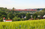 218 421 rumpelt mit RE 4869 nach München über den Viadukt bei Oberthölau. (23.06.2026) <i>Foto: Joachim Bügel</i>