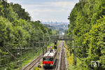 420 484 rollt die Steilstrecke von Hochdahl nach Erkrath hinab. Im Hintergrund ist Düsseldorf zu sehen. (05.07.2026) <i>Foto: Joachim Bügel</i>
