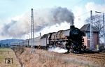 01 1080 führt den letzten Dampf-Fernschnellzug F 391 "Holland-Skandinavien-Express" durch Vehrte. Auf dem 244 km Abschnitt von Osnabrück bis Hamburg Hbf erreichte der Zug eine Durchschnittsgeschwindigkeit von 90 km/h. Zum Vergleich: Die nur vier Wagen starken F-Züge (F 1 bis F 4) mit V 200 waren auf der Strecke gerade einmal 10 km/h schneller. (19.03.1968) <i>Foto: Robin Fell</i>