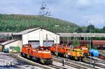 Diesellok-Parade der RAG im Bergwerk Prosper-Haniel in Bottrop. Es war das letzte aktive Steinkohlen-Bergwerk im Ruhrgebiet und wurde am 21. Dezember 2018 geschlossen. Im Hintergrund ist der sog. "Haldenereignis Emscherblick", kurz Tetraeder, zu sehen. Er ist eine begehbare Aussichtsterrasse in Form einer dreiseitigen Pyramide auf der Halde Beckstraße im Bottroper Stadtteil Batenbrock. Die Stahlkonstruktion mit einer Seitenlänge von 60 m ruht auf vier 9 m hohen Betonpfeilern und befindet sich auf der Kuppe der ca. 120 m über NN hohen Halde an der Beckstraße. (20.04.2002) <i>Foto: Frank Steuber</i>