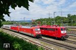Am 8. Juli 2026 endete der Einsatz des IC 2013/2012 "Allgäu" zwischen Heidelberg und Oberstdorf als IC 1. Am 30.06.2026 wurde der IC 2013 nach Oberstdorf zwischen Koblenz Hbf und Mainz Hbf über die Rechte Rheinstrecke umgeleitet. Mit 70 minütiger Verspätung fährt der Zug bespannt mit 101 100 und 101 104 über Gleis 412 durch den Bahnhof Wiesbaden Ost. Auf Gleis 411 steht der "Henkelzug" von Langenfeld (Rhld) nach Gunzenhausen mit der orientroten 151 113 der BayernBahn. (30.06.2026) <i>Foto: Roland Hackl</i>