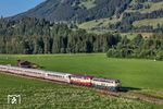 So wird der "IC "Allgäu" bei vielen in Erinnerung bleiben. Nachdem sich 2026 die Baureihe 218 auf der Marschbahn nach über 50 Jahren verabschiedete, ist nun auch im Allgäu Schluss. Am letzten Betriebswochende konnte der IC 2013 nochmals bei Kaiserwetter mit 218 446 und 218 419 bei Langenwang verabschiedet werden. (04.07.2026) <i>Foto: Joachim Schmidt</i>