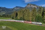 218 446 und 218 419 mit dem IC 2013 aus Dortmund vor der Kulisse des 1957 m hohen Rubihorns bei Langenwang. (04.07.2026) <i>Foto: Joachim Schmidt</i>