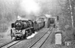 50 3616 mit N 66323, einem der letzten dampfgeführten Plangüterzüge des Einsatzstelle Aue (Sachs), auf der Brücke über die Zwickauer Mulde bei Schlema. (26.04.1987) <i>Foto: Thomas Fischer</i>