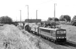 120 274 (Bw Gera) wird bei Vieselbach von der Erfurter 250 136 vor einem Güterzug unterstützt. Ab Weimar wird die DR-V 200 den Zug ohne elektrische Vorspannleistung über Jena nach Gera ziehen.  (20.06.1984) <i>Foto: Thomas Fischer</i>