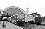 In Dresden Neustadt hat 250 253 vom Bw Dresden den D 466 (Görlitz - München) von der Görlitzer 132 273 übernommen. (24.06.1984) <i>Foto: Thomas Fischer</i>