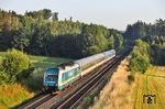 Für den letzten "alex" auf der Strecke Hof - Regensburg heißt es früh aufstehen. 223 068 ist mit dem DRE 79864 nach München kurz nach 6.00 Uhr bei Marktredwitz unterwegs. (24.06.2026) <i>Foto: Joachim Bügel</i>