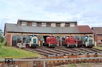 V 60-Parade vor dem Lokschuppen der Stiftung Bahnbetriebswerk Hanau mit 365 120 (Josef Beck, Püttlingen/Saar), 260 773 (Museumseisenbahn Hanau), V 60 447 (Josef Beck, Püttlingen/Saar) und 364 514 (KonRail GmbH, Weisenheim am Berg). (03.06.2026) <i>Foto: Marvin Christ</i>