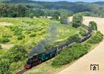 99 4801 mit P 108 nach Lauterbach in der Steigung vor Graftitz. Im Zug fährt einer der beliebten Aussichtswagen mit. (19.07.2026) <i>Foto: Joachim Schmidt</i>