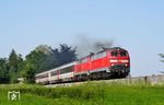 218 421 und 218 440 röhren mit EC 192 nach Zürich bei Hegge südlich von Kempten (Allgäu) vorbei. (23.06.2005) <i>Foto: Stefan von Lossow</i>