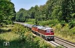 Im Juli 2026 wurden wegen Bauarbeiten die Züge von Zeitz nach Erfurt über die Holzlandbahn (Gera-Göschwitz-Weimar) umgeleitet. Bei Bad Klosterlausnitz sind 132 334 und 232 690 der Erfurter Bahnservice Gesellschaft mit einem leeren Kesselwagenzug von Erfurt nach Zeitz unterwegs. (16.07.2026) <i>Foto: Ralf Opalka</i>
