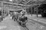 Lok 3 der Pioniereisenbahn Dresden im Großen Garten. Seit 1951 wird der größte Teil der Dienstposten der Bahn durch Kinder und Jugendliche besetzt. Schüler aus Dresden und Umgebung können sich anmelden, wenn sie in der vierten oder fünften Klasse sind und werden im Winter zu Parkeisenbahnern, damals noch Pioniereisenbahnern, ausgebildet. Sie werden auf ihren Einsatz als Fahrdienstleiter, Aufsicht, Sperre, Schrankenposten sowie Zugbegleiter vorbereitet. Dabei lernen sie Zugmeldungen durchzuführen, Signale und Weichen zu stellen, Fahrkarten zu kontrollieren und Züge abzufertigen. Das Interesse an einer Ausbildung ist bis heute unvermindert groß, 2025 leisteten rund 200 Kinder als Parkeisenbahner Dienst. (25.06.1966) <i>Foto: Basil Roberts</i>