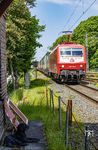 Statt der üblichen 181er war diesmal 120 143 der Martin Schlünß Eisenbahnlogistik Wankendorf (SEL) an dem freitäglichen Containerzug DGS 52568 nach Wanne-Eickel am Zug, der hier "unter Bewachung" am Museums-Stellwerk "Rn" in Rendsburg vorbeifährt. (29.05.2026) <i>Foto: Thorsten Eichhorn</i>