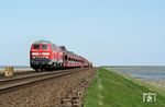 Im Sommer 2003 kaufte DB AutoZug insgesamt 17 Loks der Baureihe 215 von DB Regio, ließ 14 Stück analog der Baureihe 225 umbauen und bezeichnete sie als Baureihe 215.9. Die übrigen drei Lokomotiven dienten als Ersatzteilspender. Das Einsatzgebiet der Baureihe 215.9 waren ausschließlich die als SyltShuttle bezeichneten Autozüge zwischen Niebüll und Westerland (Sylt). Hier sind 215 911 und 215 909 mit einem Autozug nach Westerland (Sylt) auf dem Hindenburgdamm bei Morsum unterwegs. Der Einsatz der 215.9 endete 2008.  (09.05.2006) <i>Foto: Stefan von Lossow</i>