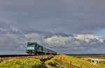 Unter stürmischem Himmel auf dem Hindenburgdamm wird 245 205 mit RE 11022 aus Hamburg-Altona bald die Insel Sylt erreichen. (22.08.2026) <i>Foto: Joachim Bügel</i>