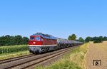 142 001 der Erfurter Bahnservice Gesellschaft bringt einen leeren Kesselwagenzug von Erfurt nach Zeitz über die Holzlandbahn, aufgenommen in Höhe des Einfahrsignals von Stadtroda. (06.08.2026) <i>Foto: Ralf Opalka</i>