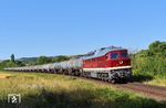 142 001 mit dem Kesselwagenzug bei Pötewitz kurz vor Wetterzeube im Elstertal. (06.08.2026) <i>Foto: Ralf Opalka</i>