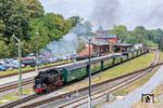Abfahrt des P 104 nach Lauterbach mit 99 4011 in Putbus. Da in Lauterbach Mole keine Wendemöglichkeit besteht, ist am Zugschluss 251 901 eingestellt, die den Zug später wieder bis Putbus zurückziehen wird. (05.09.2026) <i>Foto: Joachim Schmidt</i>