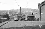Tw 243 (van der Zypen/SSW, Baujahr 1925) auf der Linie 8 nach Ennepetal Milspe in der Waldeckstraße am Bahnhof Wuppertal-Oberbarmen. (08.1951) <i>Foto: Ernst Winter</i>