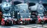 Ost-West-Treffen mit 01 1074 aus Osnabrück, der Wittenberger 01 508 und der Altonaer 01 1103 im Bw Hamburg-Altona. Auffällig auch auf vielen anderen Aufnahmen ist, dass die DR-Loks häufig vorwärts in den Schuppen gefahren wurden, während die DB-Maschinen alle mit der Rauchkammer voraus vor dem Schuppen in Altona standen. (05.1968) <i>Foto: Rolf Hahmann</i>