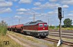 Die Erfurter Bahnservice Gesellschaft (EBS) fährt seit kurzem Steinsalzzüge von Baalberge nach Vetschau. Eingeteilt dafür ist 142 001, die hier im Bahnhof Baalberge am Zug steht, während der im Bild nicht sichtbare Wagenmeister noch mit der Bremsprobe beschäftigt ist. (11.08.2026) <i>Foto: Ralf Opalka</i>