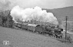 Als Nachschlag zur Sonderfahrt der 38 2383 durch das Bergische Land (vgl. Bild-Nrn. 84423 - 84430) fehlte noch diese Aufnahme des Sonderzuges bei Gogarten nahe Marienheide. (28.05.1972) <i>Foto: Wolfgang Bügel</i>