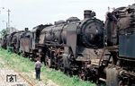 Die ausgemusterte 18 005 (zuletzt Bw Dresden Altstadt) wartet in Zwickau (Sachs) auf ihre Zerlegung im nahen Raw. Dahinter stehen 18 001 und 18 007. Vorne rechts eine 84er. (09.1965) <i>Foto: Rolf Hahmann</i>