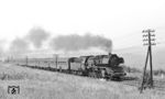 50 3564 (Bw Güsten, Est. Staßfurt) mit P 3226 (Sangerhausen - Schönebeck-Salzelmen) zwischen den Blockstellen Gonna und Steinberg auf der Blankenheimer Rampe bei Riestedt.  (18.08.1983) <i>Foto: Thomas Fischer</i>