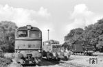 120 341 (Bw Güsten) neben Werklok Nr. 4 (V 15) der VEB Maisan-Werke Barby, einem Maisstärkehersteller, und 41 1231 im Bahnhof Barby. (28.06.1989) <i>Foto: Thomas Fischer</i>