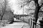 Eine S-Bahn befährt die Brücke über die Spree am S-Bahnhof Bellevue. Der Fußweg am Bellevue-Ufer war stets ein beliebter Fotostandpunkt. Links befindet sich übrigens das gleichnamige Schloss, das seit 1994 der Amtssitz des Bundespräsidenten ist.  (04.1959) <i>Foto: Jürgen Hagemann</i>