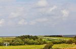 Über den Hindenburgdamm nähern sich 218 390 und 218 385 mit AS 1438 nach Westerland (Sylt). Die Landschaft am östliche Ende Sylts ist vom "Roten Kliff" bei Morsum geprägt. Von hier aus könnte man theoretisch über das Meer bis nach England sehen, wäre da nicht die Erdkrümmung, die es verwehrt. Auch weht der Wind meist besonders stark, und verleiht der Küste ihre wilde, unverkennbare Dynamik. Mit einer durchschnittlichen Tiefe von 94 Metern ist die Nordsee ein Flachmeer, doch vor Sylt fällt der Meeresboden schon nach wenigen hundert Metern auf bis zu zehn Meter ab. Dieser steile Strandabfall, einzigartig im Vergleich zu anderen Wattenmeer-Inseln, sorgt nicht nur für die besten Surfbedingungen an der gesamten deutschen Nordseeküste, sondern schützt auch ein wertvolles Rückzugsgebiet für Schweinswale. (29.08.2026) <i>Foto: Joachim Bügel</i>