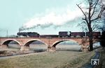 44 1616 vom Bw Leipzig-Wahren (ohne Windleitbleche) mit einem Güterzug auf dem Viadukt über die Neue Luppe bei Leipzig-Wahren. (30.03.1964) <i>Foto: Rolf Hahmann</i>