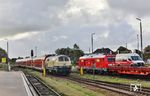 218 330 schiebt die RE 11065 nach Niebüll aus dem Bahnhof Westerland (Sylt). Daneben steht 245 024 vor AS 1419. Den Zug sollte erneut das 218-Pärchen 218 385 und 218 390 bespannen, war aber schon wieder aus dem Umlauf genommen worden. (01.09.2026) <i>Foto: Joachim Bügel</i>