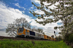 Durch die Frühlingslandschaft bei Gruiten zieht die Voith Maxima 40 CC V 500.14 der Schienen Güter Logistik GmbH (SGL) einen Bauzug von Opladen nach Frankfurt/Oder. (29.04.2013) <i>Foto: Joachim Bügel</i>
