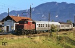 169 005 war die leistungsstärkste Lok der fünf E-Loks der Reihe E 69. Hier verlässt sie mit N 6618 (Oberammergau - Murnau) den Bahnhof Unterammergau. (17.10.1977) <i>Foto: Peter Schiffer</i>