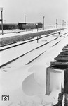 Für ein Provisorium, dass lediglich vom 15.07.1951 bis zur Eröffnung der Vogelfluglinie am 14. Mai 1963 existierte, verfügte der Bahnhof Großenbrode Kai über eine stattliche Anzahl von Gleisen. (25.02.1958) <i>Foto: Walter Hollnagel</i>