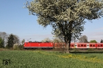 143 854 schiebt S 30649 nach Essen südlich von Langenfeld vorbei. (29.04.2013) <i>Foto: Wolfgang Bügel</i>