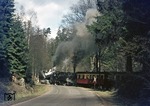 Ausfahrt von 99 6101 und 99 5906 mit P 14453 nach Gernrode aus Mägdesprung. (04.04.1977) <i>Foto: Joachim Bügel</i>